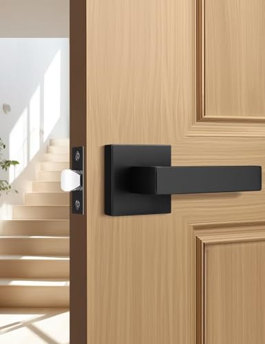 Image of Tinewa Square Black Door Handles Interior, No Lock Passage Door Lever for Left or Right Handing, Heavy Duty Matte Black Closet Door Handle Set, 1 Pack