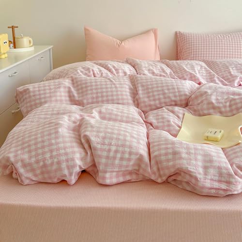 Covebett Bettwäsche Kariert 135x200 Rosa Weiß Bettwäsche Set Gewaschene Microfaser 2teilig, Aesthetic Elegantes Mädchen Karo Gitter Bettbezug mit...