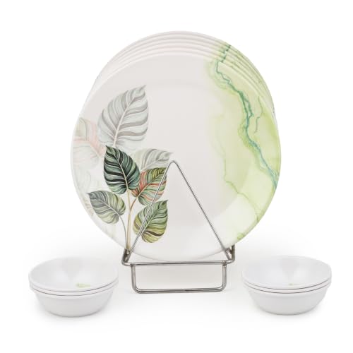 Image of Golden Fish Melamine Round Dinner Plate & Bowl Set of 12 (6 Plates + 6 Veg Bowls) | Teal Floral Print | Unbreakable, Dishwasher & Microwave Safe