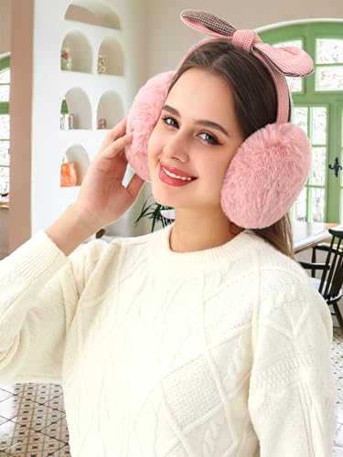 sy soul young Women's Ear Muffs Winter Warm fluffy cute Earmuffs with Bow Tie Foldable Cold Weather Faux Fur Ear Warmer Girl4