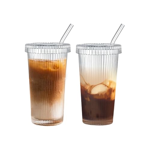 MYKAGS Lot De 2 Gobelet Avec Paille Et Couvercle Gobelet Smoothie,Cocktails, Café,Verre Matcha,Tasse En Verre Rayé Vintage Lave Vaisselle Sécurité 375 ml