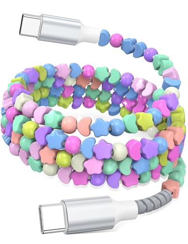 Image of USB C to USB C Cable 6FT,60W Fast Charging Beaded Charger Cord for iPhone 17 16 15 Pro Max /iPad Pro Air 11th for Samsung S26 S25 S24 Ultra S23 A16 /Android Phone Charger Cord Cute Girl Women,Star-Heart