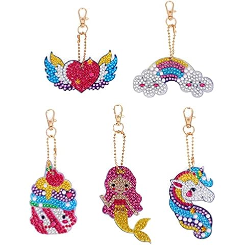 MWOOT 5Pcs Diamond Keychains,5D Diamond Pasted Painting Keychain Kit with Mermaid Clouds Unicorn Angel Wings, Handicraft Keyrings Kits for Women Girls Bag Purse Handbag Decor Cover