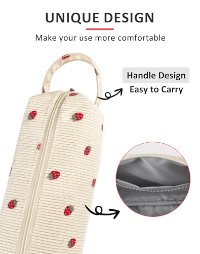 Image of Corduroy Pencil Case Pouch, Office Supplies Gift for Women, Strawberry | Eco-Friendly Fabric, Water-Resistant, Inner Pocket, Carry Handle, for Coworkers Writers Teachers Designers