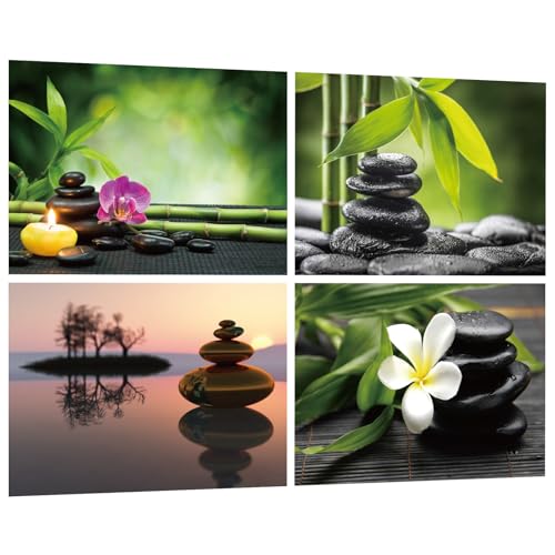 Autocollant Mural Zen Lot de 4, Décoration Murale Pierres de Massage Plantes Vertes Fleurs Bambou et Orchidée - Sticker Adhésif SPA pour Salle de Bain, WC...