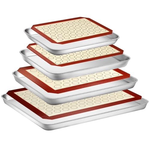 Yododo Baking Sheet with Silicone Mat Set, Set of 8 (4 Sheets + 4 Mats), Stainless Steel Cookie...