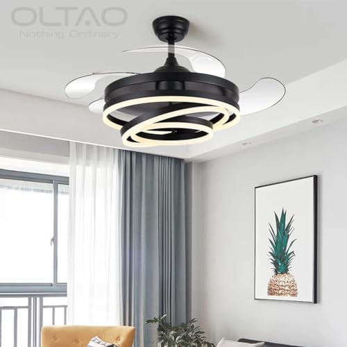 Image of oltao Enigma Modern 48-Inch Dimmable Chandelier Ceiling Fan - Black | with Copper BLDC Motor & Retractable Blades | Summer-Winter Mode LED Light Fan with Remote & App Control - for Living Room