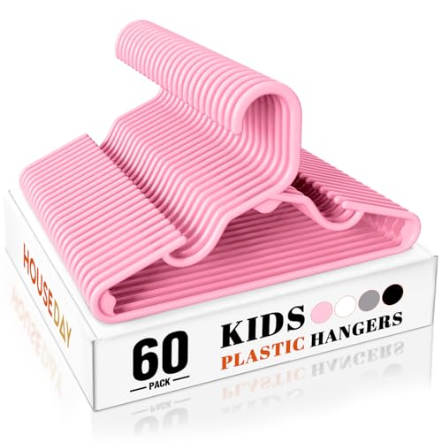 Image of HOUSE DAY Premium Baby Hangers 60 Pack, 11 Inch Kids Plastic Hanger Pink, Slim Childrens Hangers for Infant, Toddler, and Child Clothes, Durable Baby Clothes Hanger for Closet