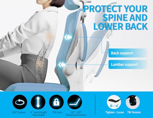 Image of Ergonomic Office Chair - Mesh Desk Chair with Adjustable Lumbar Support High Back Computer Gaming Chairs - Big and Tall Office Chairs Adults, Comfortable for Long Hours, Sky Blue