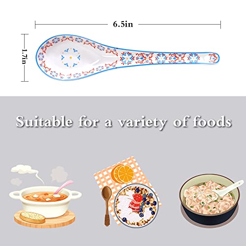 Ceramic Soup Spoon 6.5 Inch, Asian Soup Spoon For Appetizer, Sushi, Wonton, Soba, Rice, Pho Ramen, Noodles, Set Of 4, White With Blue And Red Flower Pattern #TOP1