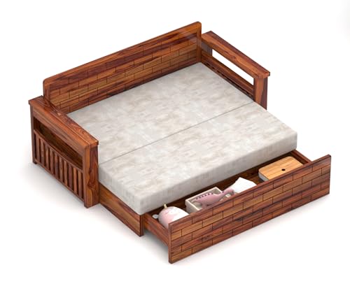 Image of Solid Sheesham Wood Diwan Bed for Living Room & Bedroom | Modern Wooden Sofa Cums Bed with Side Storage Rack | Multipurpose Day Bed for Home Furniture (Honey Finish)
