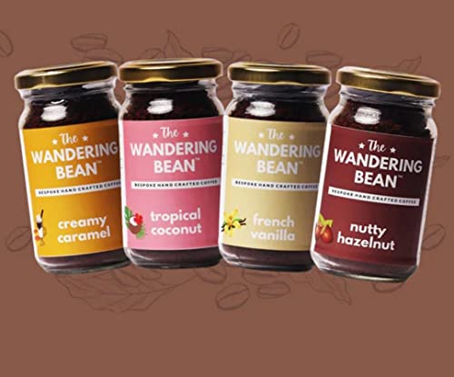 Image of The Wandering Bean Combo Pack Flavored Instant Coffee (Hazelnut + Caramel+ Vanilla Cinnamon + Coconut) Combo of (4x60g)