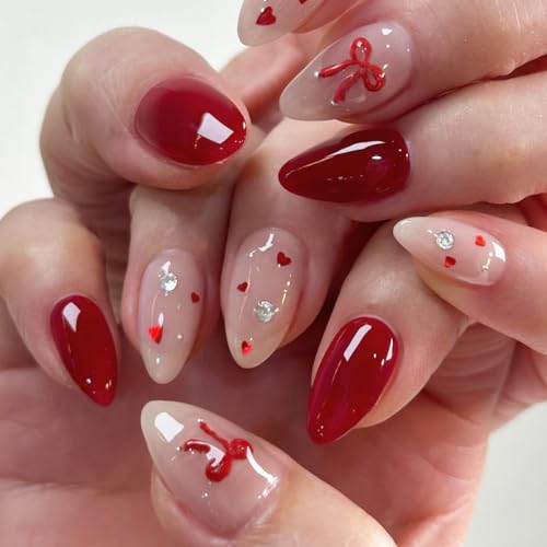 Image of Red Press on Nails Bow Fake Nails with Heart Design Medium Almond Nail Press ons Reusable Glossy Full Cover Valentines Glue on Nail for Women Girls Manicure 24Pcs