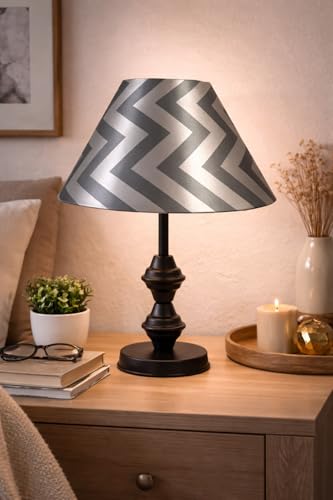 Image of tu casa Modern Table Lamp with Classic Chevron Grey Satin Shade | Metal Iron Base Decorative lamp for Living Room| Decorative Lighting for Living Room, Study, Designer Table Lamp for Gifting