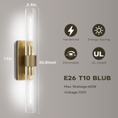 Image of 22.8 inch Knurled Brass Wall Sconces, 2-Light Dimmable Modern Lamp Lighting, Bronze Wall Lighting with Glass, Gold Vanity Light Fixtures Tube Sconce for Bedroom, Living Room, Hallway, Mirror, Kitchen