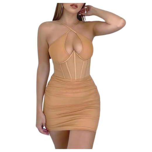 Sexyshine Women's Sexy Cut Out Crisscross Halter Strap Sleeveless Bodycon Corset Ruched Wrapped Party Club Mini Dress(30176NU,M) Nude