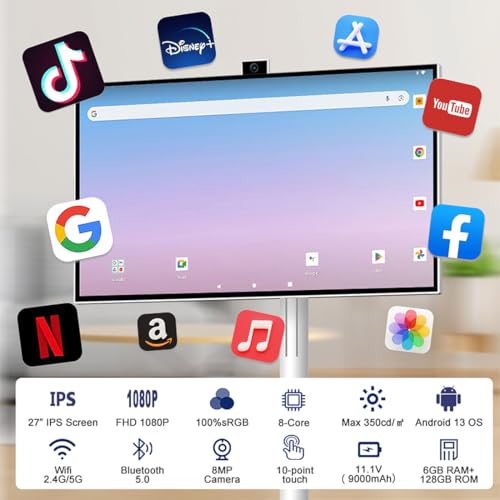 27 Inch تلفزيون Portable Smart TV Touch Screen Monitor شاشه متنقله with Adjustable Floor Stand, Android 15 OS | Build-in Camera | 6G RAM+128G Storage, 9000aMh Battery 10H Video Play Time