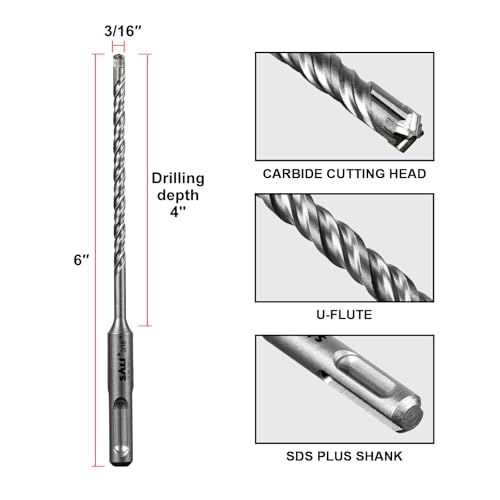 Image of SALI 10PCS 3 /16 inch*6 inch SDS Plus Rotary Hammer Drill Bits Concrete Drill Bit Kit Cross-Type Double Thread Carbide Material Suitable for Concrete, Brick, Cement Walls, Stone, Hammer Drill Bits
