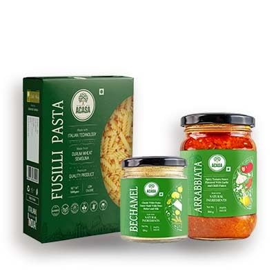 Acasa Fusilli Pasta and Arrabbiata sauce 300ml, Bechamel Sauce 300ml By Little Italy pack of 3