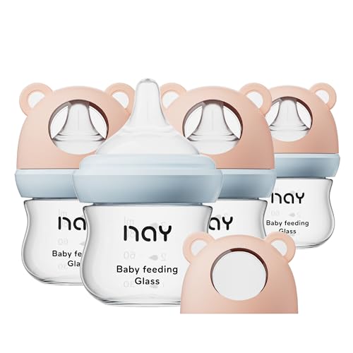 Image of yanyoyo Natural Glass Baby Bottle for Breastfeeding Babies, 3oz Newborn Anti-Colic Baby Bottle with Slow Flow Nipples (SS), Clear, Wide Neck, 4 Pack, 0 Months+