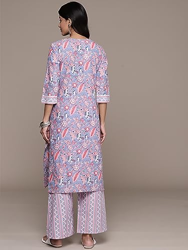 Image of anubhutee Women's Cotton Blend Floral Printed Off White Straight Kurta Suit Set with Trousers