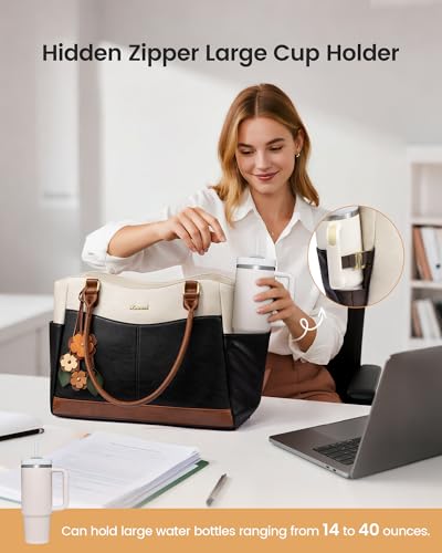 Image of LOVEVOOK Laptop Bag for Women, Original Vintage Work Tote Bag Computer Office Teacher Bag with Flower Pendant