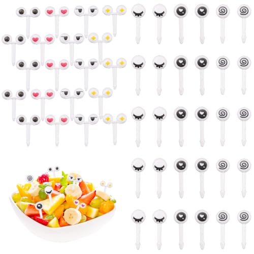 100 Stück Food Picks, Obstgabeln für Kinder mit Cartoon Augen, Mini Gabeln für Kuchen, Desserts, Gebäck, Mittagessen Bento, Party
