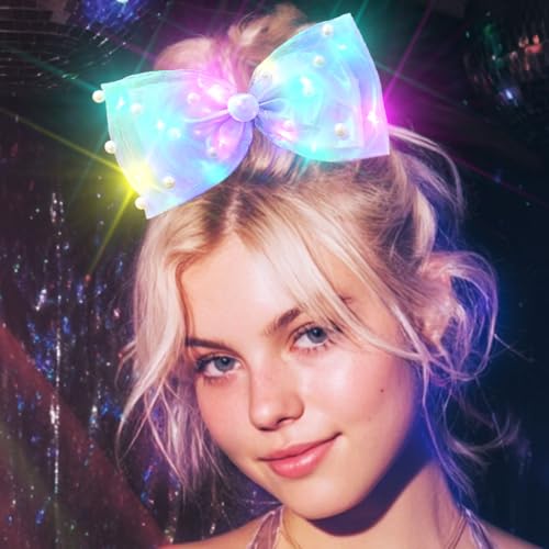 CAKURE Light Up Hair Bow Clips Pearl Bow Hair Barrette Led Hair Accessories for Women and Girls (l-light purple)