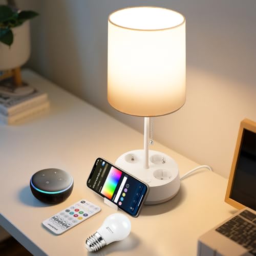 Aigostar- Smarte Tischlampe LED Kompatibel mit Alexa, Bedside Lamp Modern, 2700K-6500K und RGB Dimmbar, mit 3 Steckdosen (Type F), Fernbedienung und Handyhalterung, Weiß