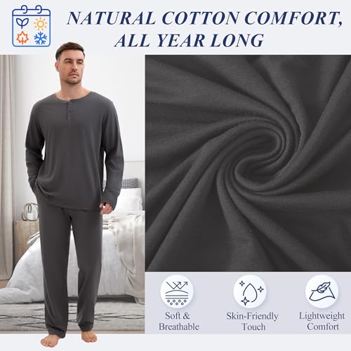 Mens Pajamas Set Henley T-Shirt Comfy Pj Sets Long Sleeve Pajamas Cotton 2-Piece Loungewear Nightwear with Pockets3