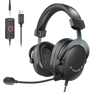 FIFNE Fone de ouvido para jogos de PC, fone de ouvido USB com som surround 7.1, microfone removível, caixa de controle, conector de 3,5 mm,com fio sobre a orelha para PS5/Xbox/Switch-H9 preto
