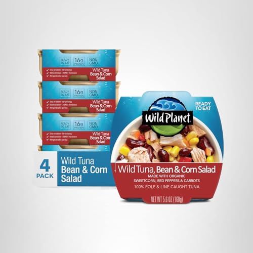 Wild Planet Ready-to-Eat Wild Tuna, Bean & Corn Salad with Organic Sweetcorn, Red Peppers and Carrots, Tuna Salad, 5.6oz, Pack of 4