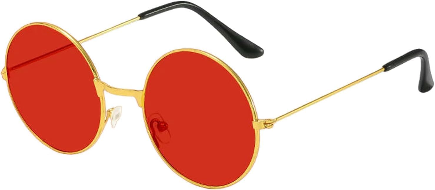 Classic Vintage Round Frame Sunglasses for Men and Women - Retro Ocean Red and Yellow Metal Circle Eyewear