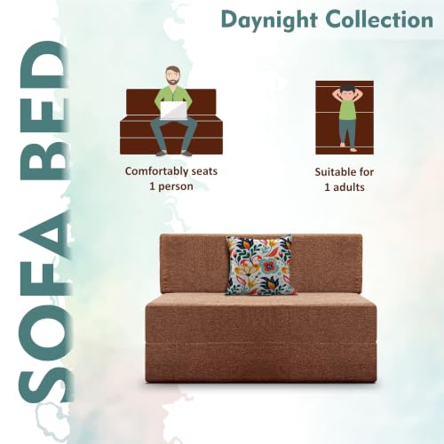 Image of Los Angeles Foldable One Seater Sofa Cum Bed, Sofa Bed 3 X 6 Feet Jute Fabric Washable Cover- Including Cushion Perfect for Living Room - Brown