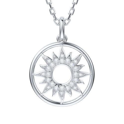 THELANDA Genuine Moissanite Sterling Silver Round Sun in Circle Pendant Necklace, Adjustable 18-20 Inch Chain with Lobster Clasp, Unisex Fine Jewelry Gift for Women and Men