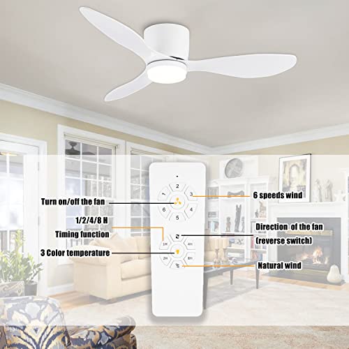 Gesum Ceiling Fan With Light, 42" Small Ceiling Fan Light With 3 Colors, 6 Speeds, Timing,Low Profile Ceiling Fan With Remote Control 3 Blades For Kitchen Bedroom Dining Room (White) #TOP6