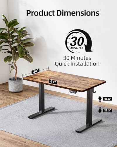 Image of TIQLAB Standing Desk 47 x 24 inch, Electric Height Adjustable with Splice Board, Stand Up Desk, for Home Office, Black Frame /Rustic Brown Top