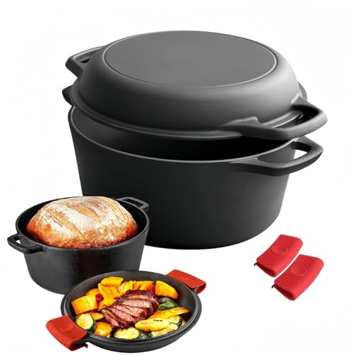4.7L 2-in-1 Pre-Seasoned Cast Iron Dutch Oven Pot with Skillet Lid Cooking Pan Cast Iron Skillet Cookware Pan Set with Dual Handles Indoor Outdoor for Bread Frying Baking Camping (black 26CM)