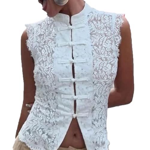 Image of Nsywmzy Lace Tops for Women Slim Fit Cut Out High Neck Sheer Sleeveless Floral Crop Vest Going Out Top Party Streetwear (White 2, L)