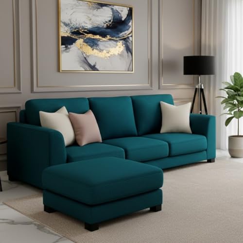 Image of FURNY Revona 4 Seater L Shape Sofa Set with Movable Ottoman | Flexible Left or Right Layout | Plush Velvet Fabric (Greenish Teal) | Perfect for Living Room, Guest Room & Office