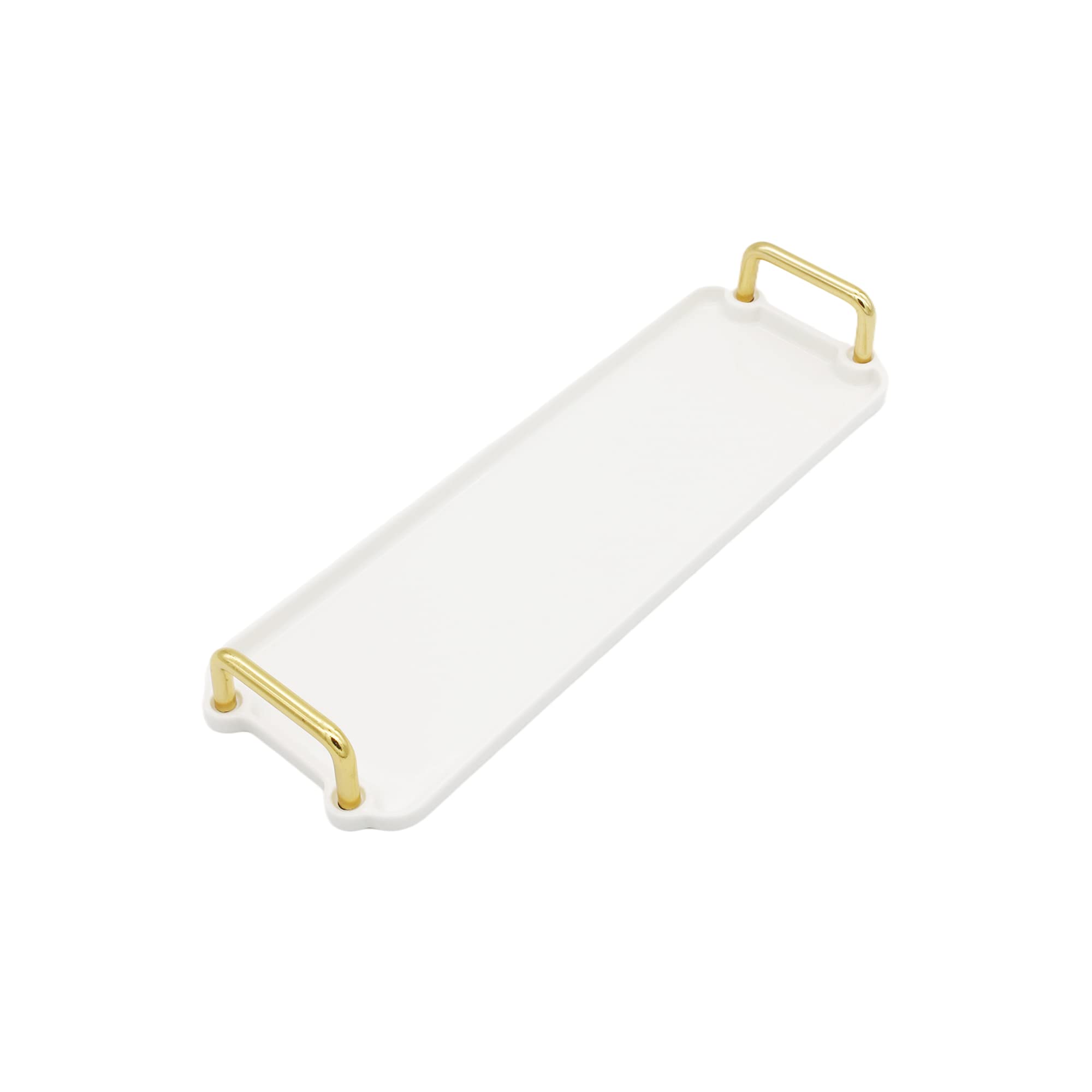 Ceramic Decorative Tray with Golden Metal Handle, ANZUSY Vanity Tray Rectangle Serving Tray Home Decorative for Jewelry Towel Candles Soap Decoration Tub Kitchen Restroom Toilet-Long Strip Small White