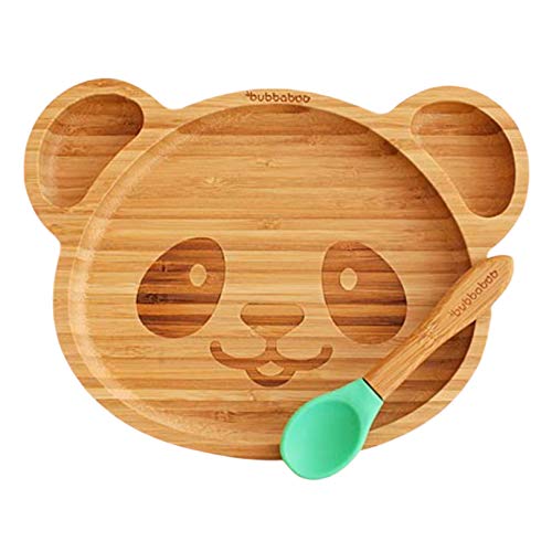 Image of Bubbaboo Bamboo Plate and Spoon Set Baby Suction Plate Panda Design (Green)