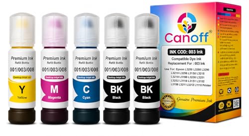 Image of CANOFF 003 Refill Ink Bottle Compatible for Epsan L3110, L3150, L3250, L3252, L3115, L3116 Ink Tank Printers - High Yield, Vibrant Colors, Long-Lasting, Easy to Refill for Smooth Printing 5pc (CMYKK)
