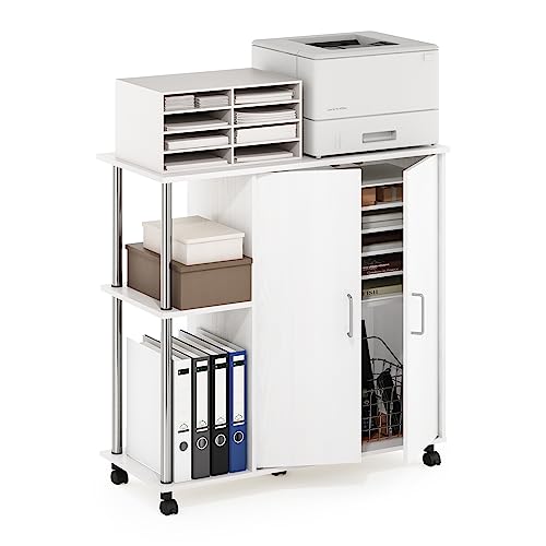 Image of Furinno Helena Multipurpose Printer Stand, Storage Cabinet /Shelves with Lockable Wheels, Stainless Steel Tubes, White Oak /Chrome