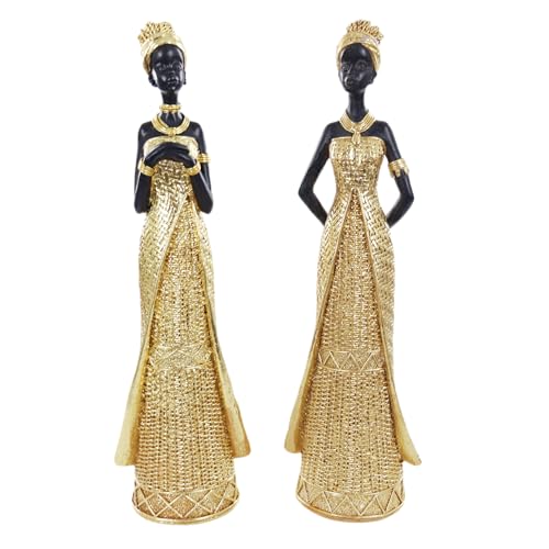 Lescafita Set of Two African Tribal Female Statues in Golden