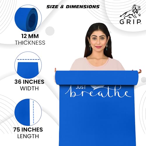 Image of GRIP Yoga Mat | 36 x 75 Inches | 12mm Thick | Just Breathe Design | Anti-Slip | Home & Gym | Men & Women | Blue Color