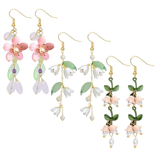 NEWITIN 3 Pairs Long Flower Earrings for Women Hypoallergenic Earring Leaf Floral Tassel Earring Statement Flower Dangle Pink Floral Earrings for Women