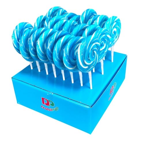Piruletas Dulcipop Rainbow, Corazón y Redondas 50g – Sabor Fresa y Cereza, Colores Vivos, Bandeja Expositora 24 Unidades, Ideal para Eventos y Fiestas (REDONDA AZUL BLANCO FRESA)