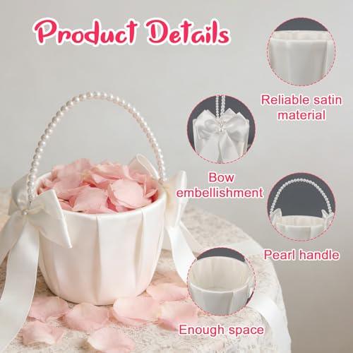 image for Lebsitey 4PCS Flower Girl Basket for Wedding, Pearl Handle White Satin