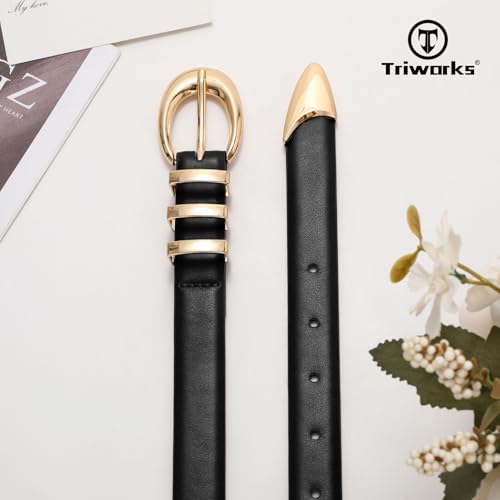Image of TRIWORKS Women Leather Belt for Jeans Pants Fashion Ladies Skinny Faux Leather Dress belt with Gold Buckle